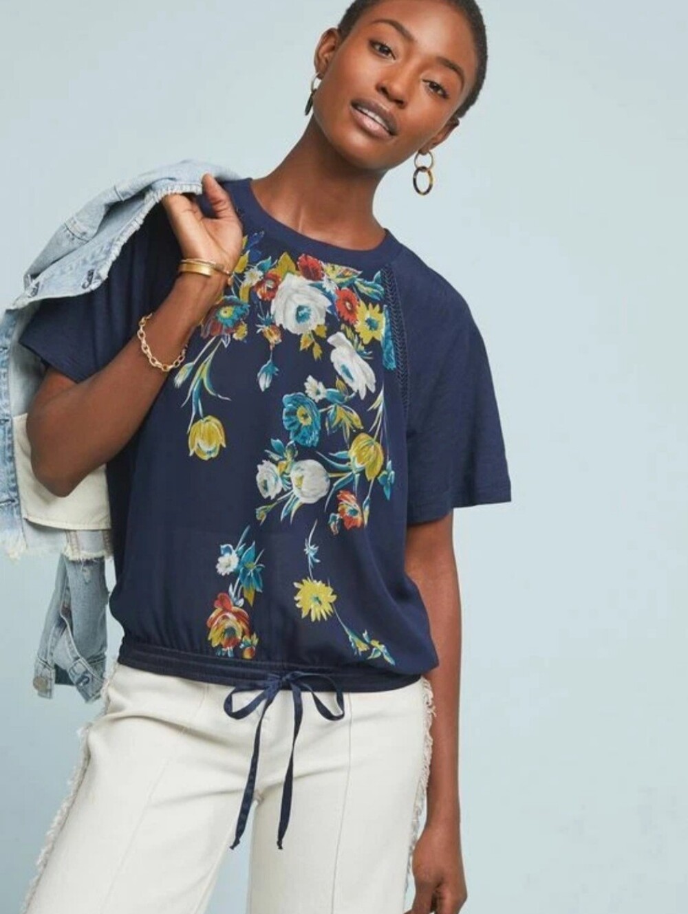 Anthropologie Navy Blue Floral Print Drawstring Hem Short Sleeve Top, Size XL